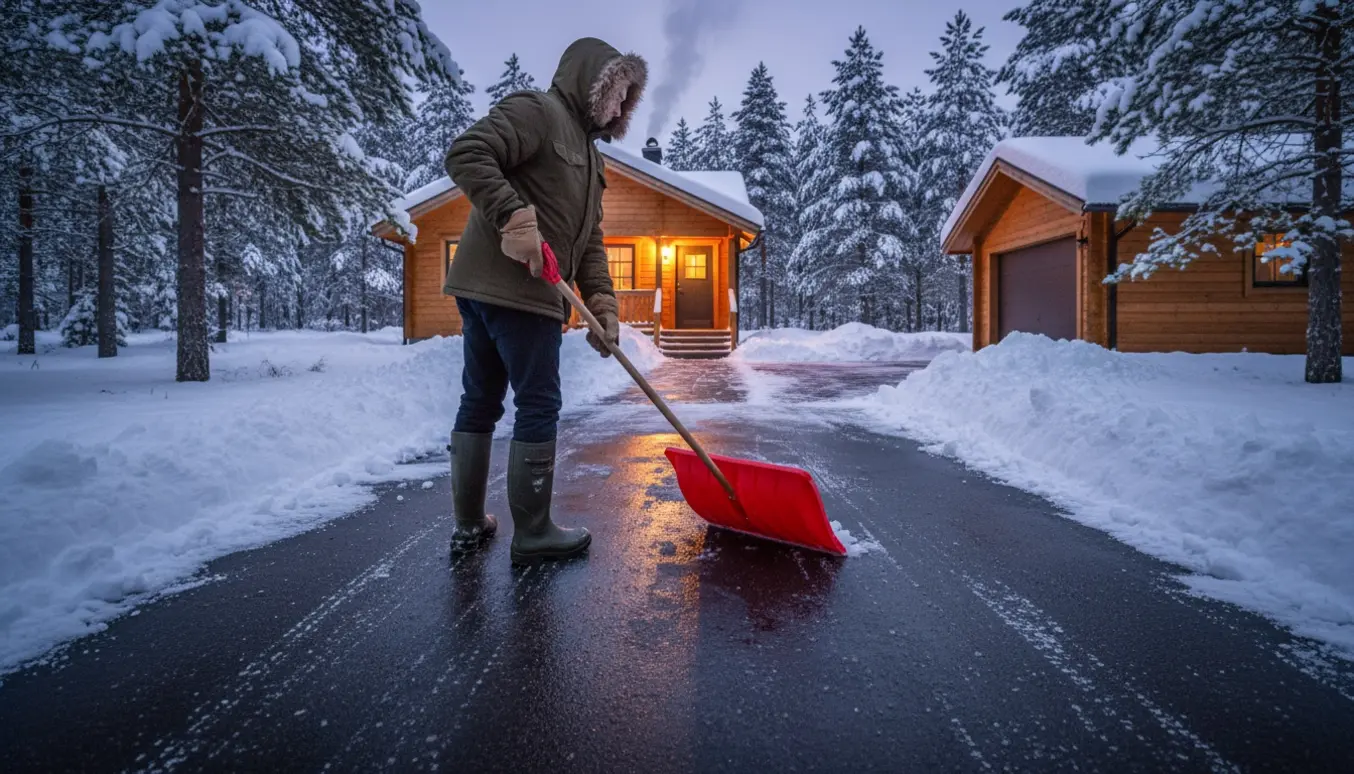 Person skovler sne foran sommerhusets garage og op til den oplyste hoveddør.