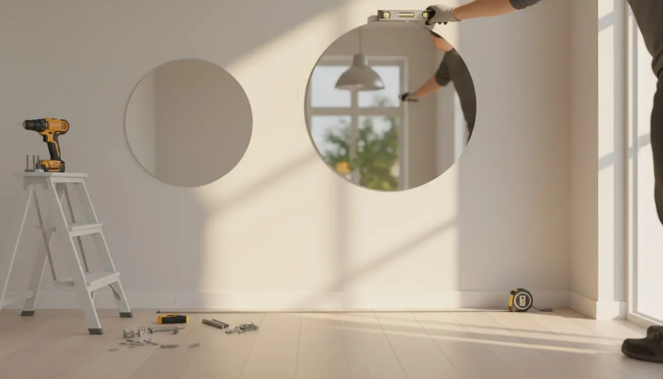 Hænder monterer et spejl på en lys væg i en stilren entré, mens et andet spejl allerede er hængt op.