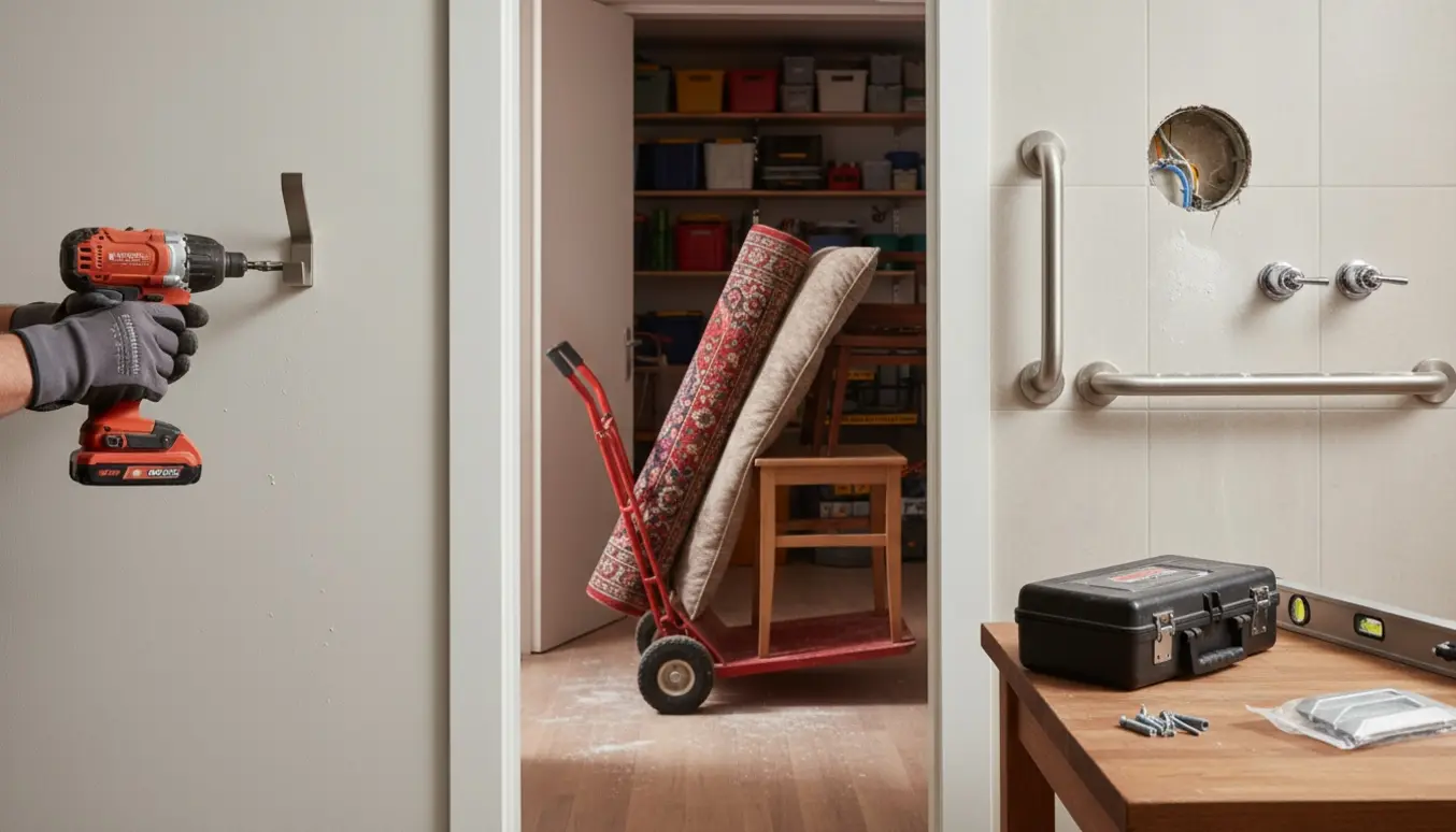 Nærbillede af hænder, der monterer en krog i entréen med borehul i badeværelsesgips og møbler på sækkevogn klar til kælderen.