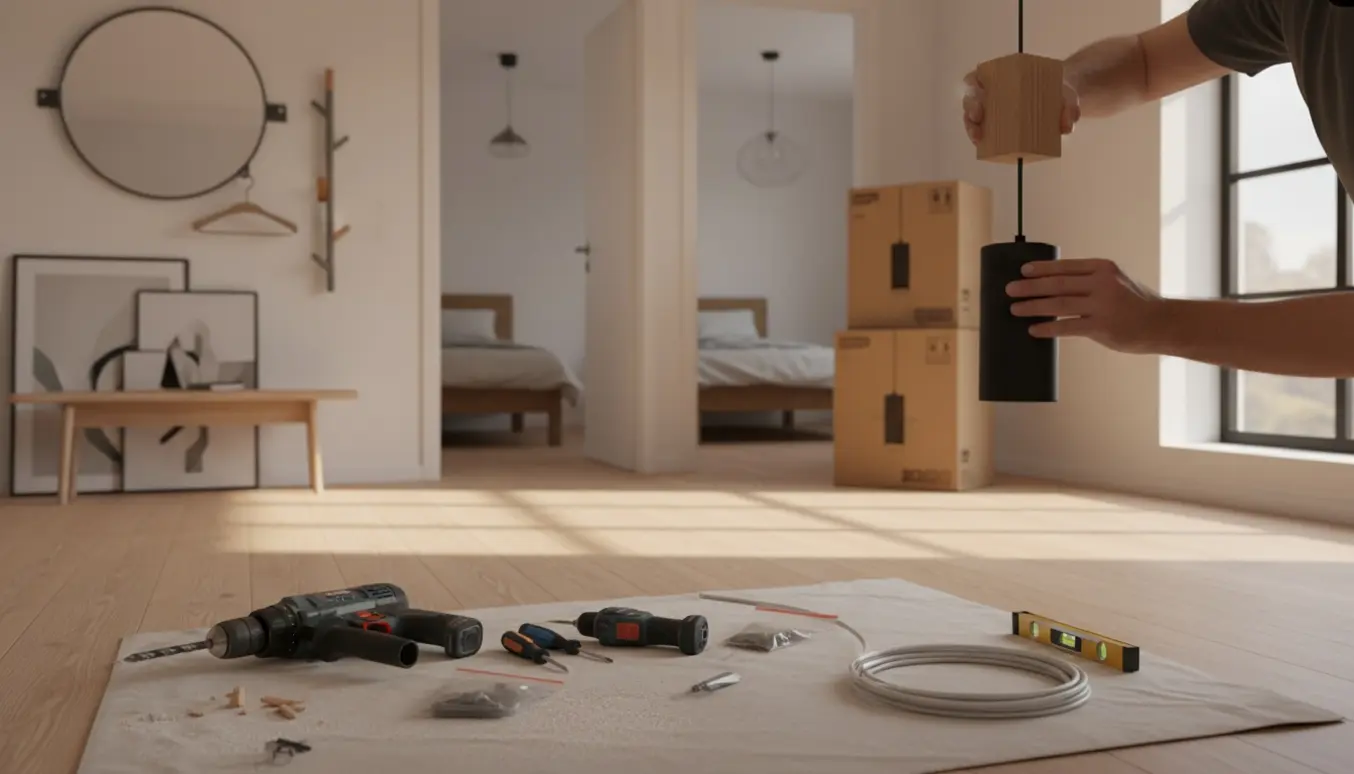 Installation af loftpendel og ophængning af spejl, knager og billeder i entré med værktøj.