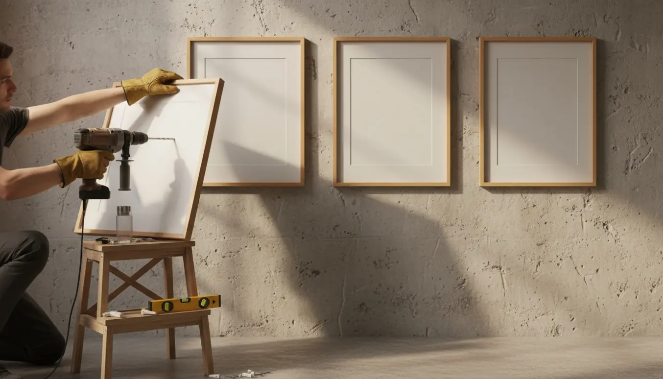 Hænder monterer en 50x70 billedramme på en betonvæg med rawlplugs og værktøj i naturligt lys.