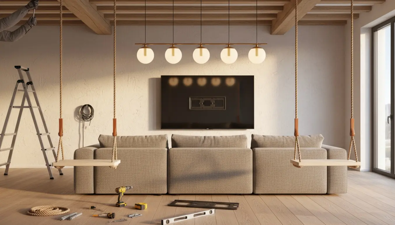 Moderne stue med et vægmonteret TV, fire hængende lamper og to indendørsgynger under montering.