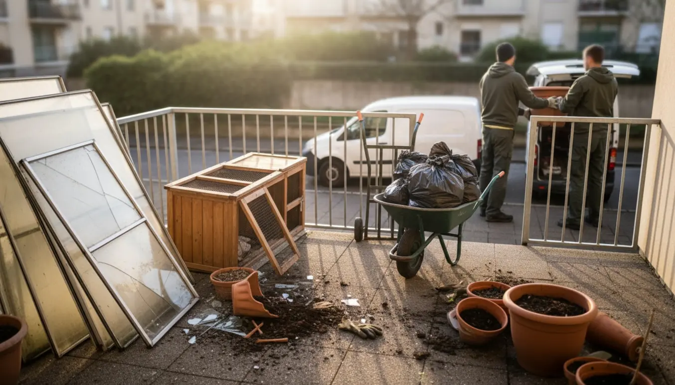Hjælpere læsser et ødelagt drivhus, et kaninbur og ødelagte krukker af en altan klar til renovering.