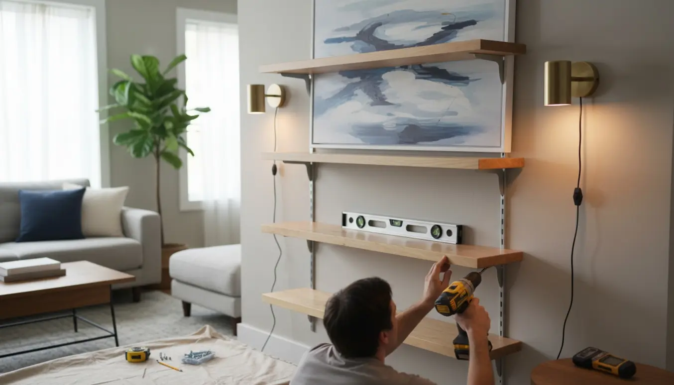 Hænder monterer tre hylder, to væglamper og et indrammet billede på en stuevæg.