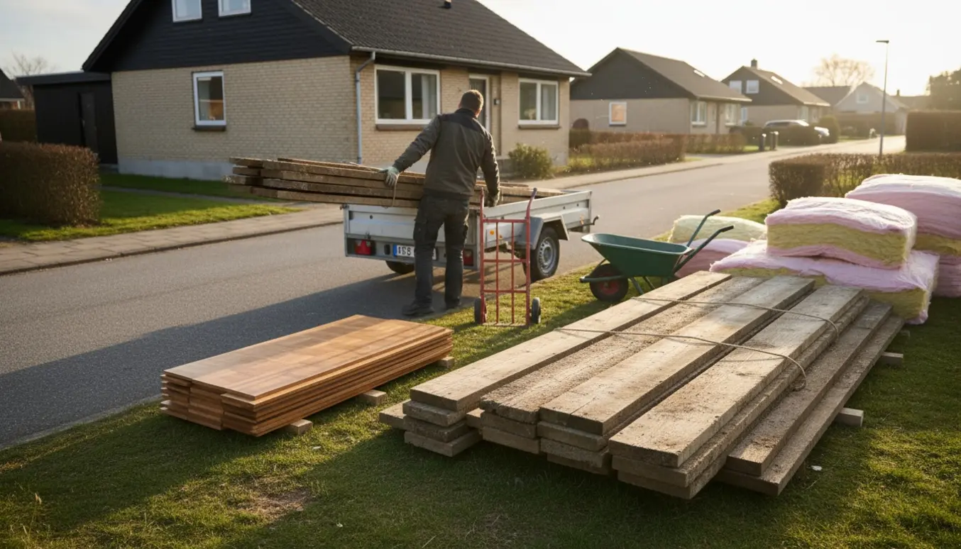 Håndværker læsser parket, forskallingsbrædder og isolering i trailer ved et hus på en hjørnegrund.