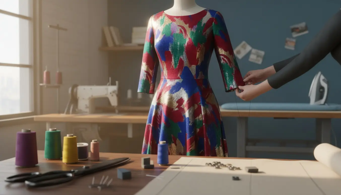 Et lyst syværksted med en plus-size mannekine iført en lang A-formet festkjole i stort farverigt mønster og syredskaber omkring.