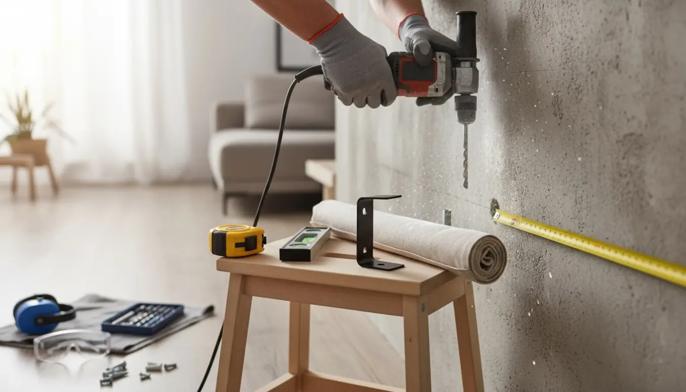 Gardinstang monteres i en betonvæg med borehammer, værktøj og synligt borestøv.