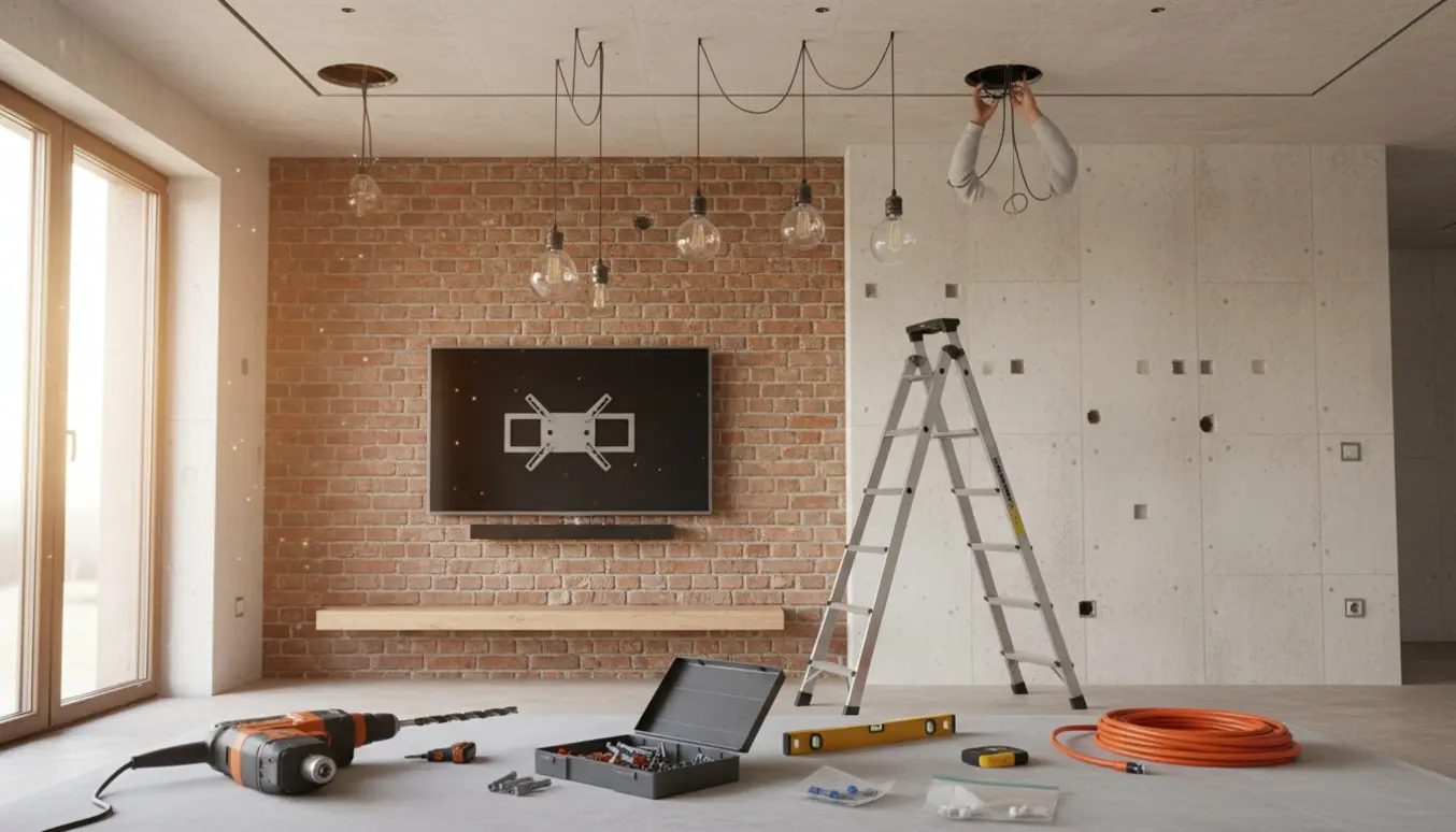 Montage af vægmonteret tv, soundbar, hylde og ophængning af lamper i en højloftet stue med værktøj og materialer.