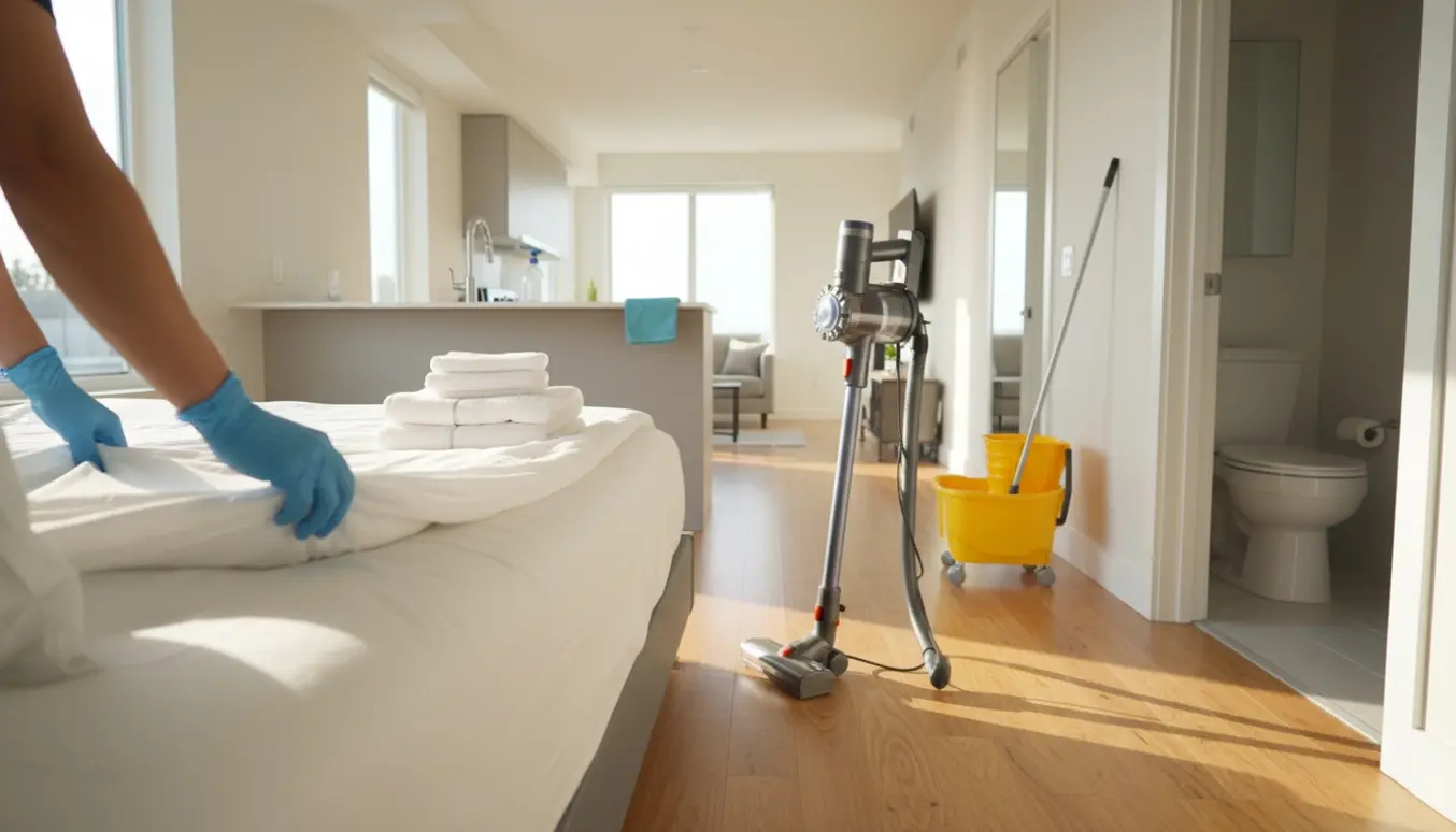 Ren Airbnb-lejlighed under klargøring med en rengøringsperson uden synligt ansigt, frisklagte senge, foldede håndklæder og rengøringsudstyr.