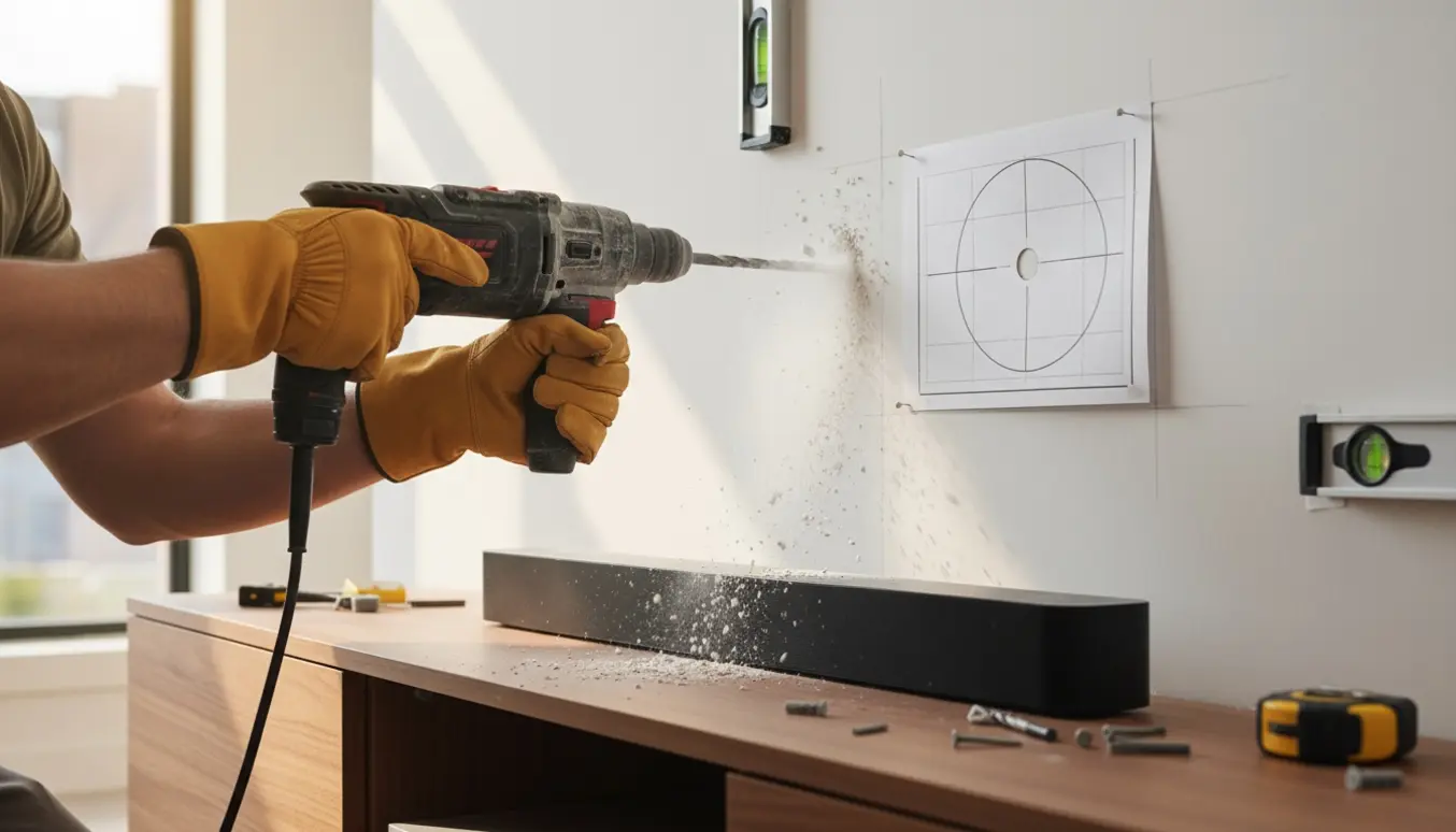 En kvinde borer huller i en væg med en borehammer for at montere en soundbar.