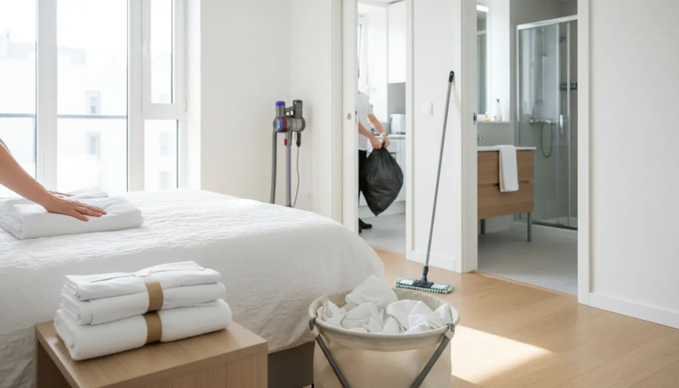 Hænder retter friskt sengetøj og to foldede håndklæder i en lys toværelses Airbnb-lejlighed.