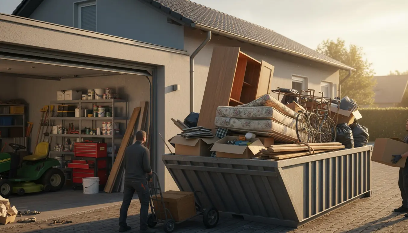 Åben container på indkørsel fyldt med møbler, papkasser og blandede genstande fra garage og kælder under rydning af dødsbo.