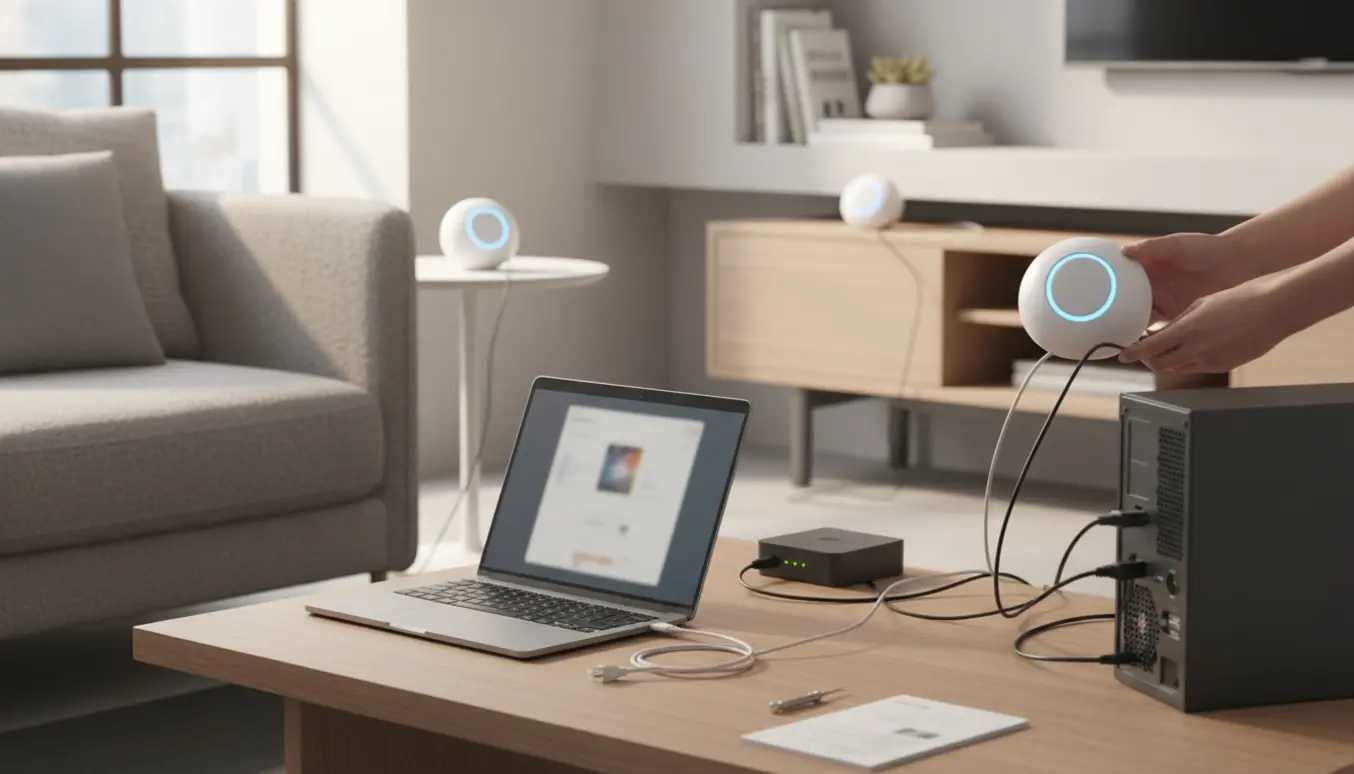 Tre mesh WiFi‑enheder i en stue med hænder, der tilslutter et Ethernet‑kabel og en bærbar klar til opsætning.