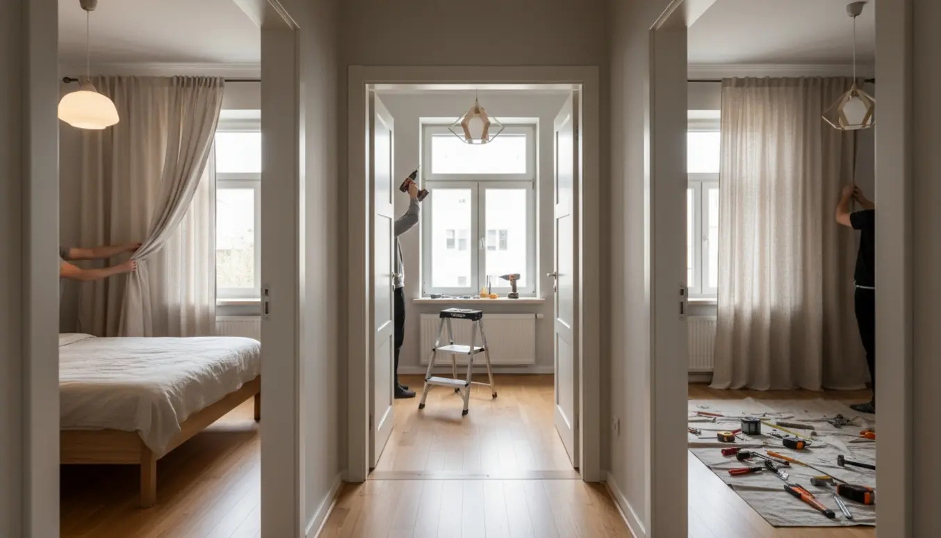 Tre tilstødende rum hvor lamper og gardiner monteres, med værktøj og håndværkerhænder i fokus.