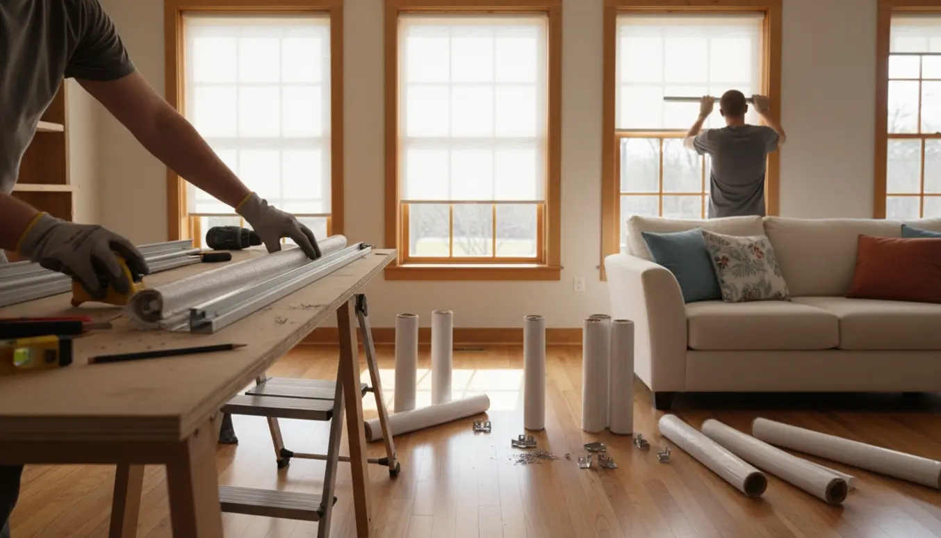 Hænder måler, skærer og monterer otte nye rullegardiner i et lyst rum.