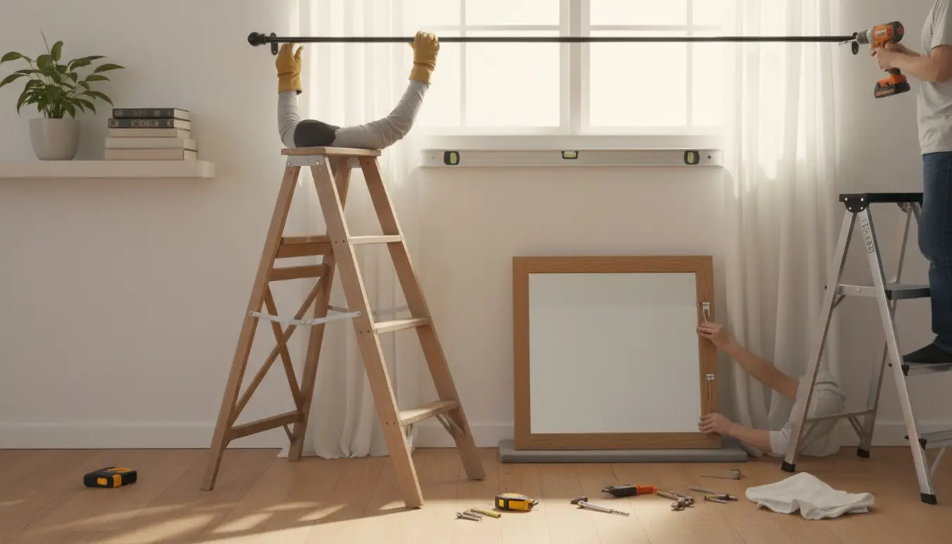 Arme hænger gardiner, spejl og hylde op i en lys stue med værktøj og stige.