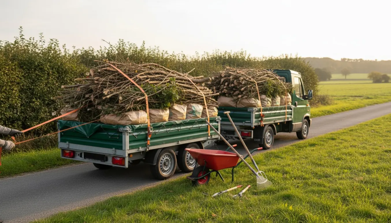Ladbil og trailer lastet med haveaffald ved en landevej, mens handsker strammer stropper.
