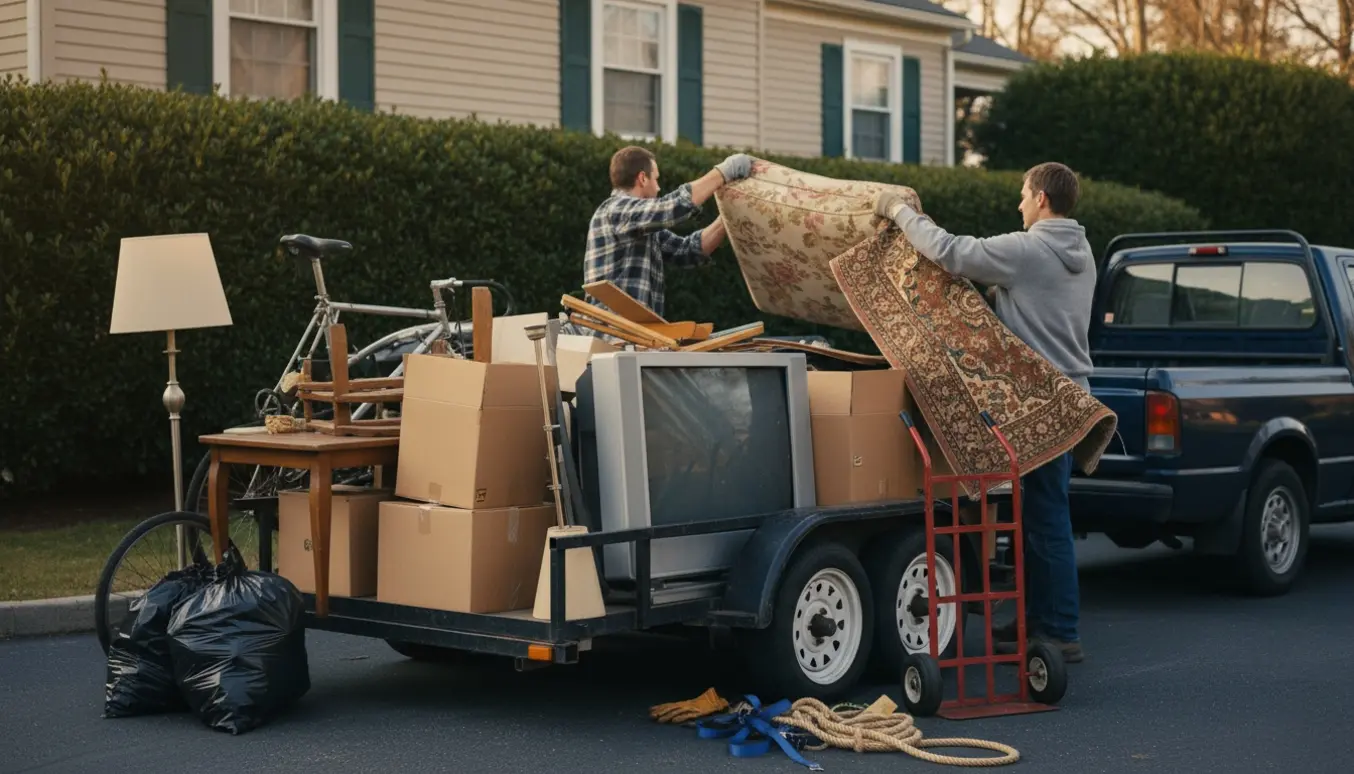 To personer læsser møbler, kasser og poser på en trailer i en indkørsel, klar til at køre ting væk.