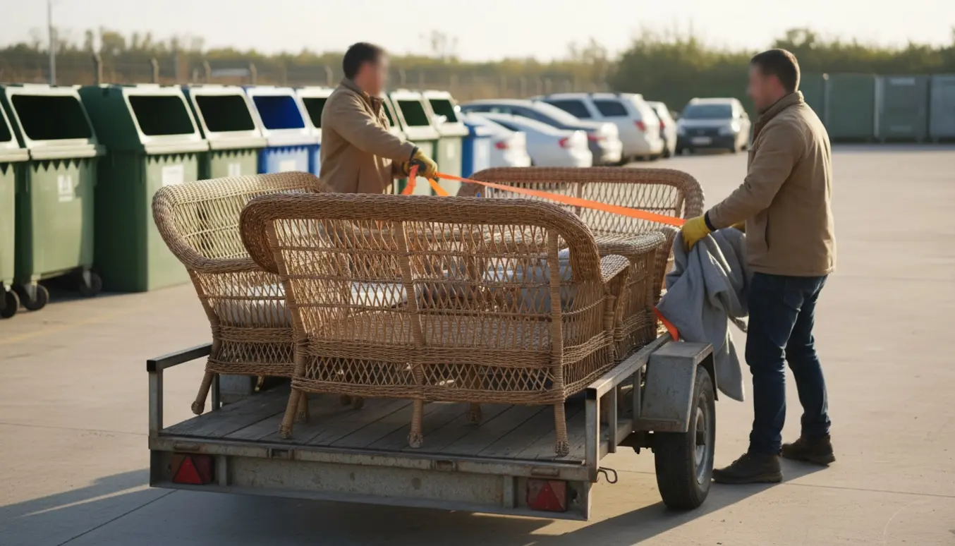 Havemøbler i flet læsses på en lille trailer ved en genbrugsplads, uden synlige ansigter.
