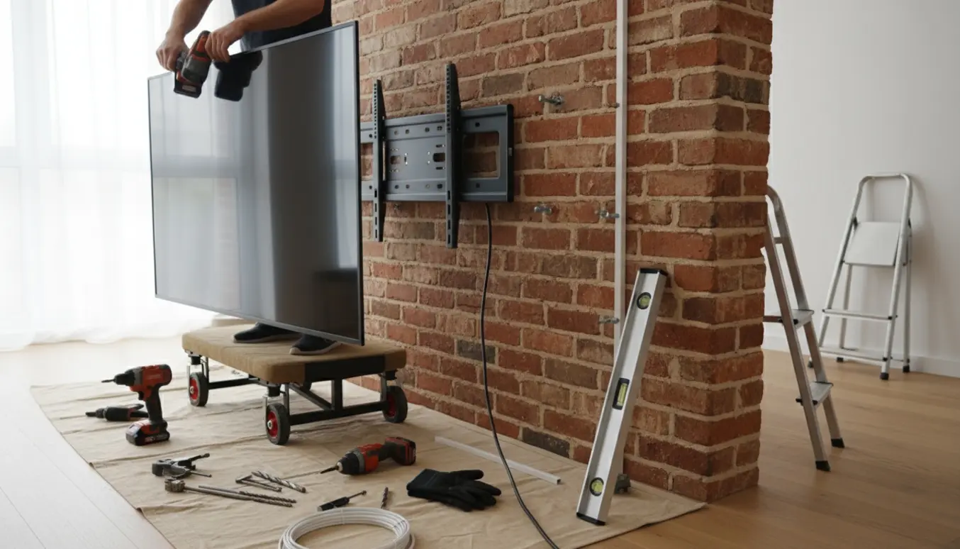 85" fladskærm bliver monteret på en murstensvæg med beslag og kabelkanal, mens hænder og værktøj er i fokus.