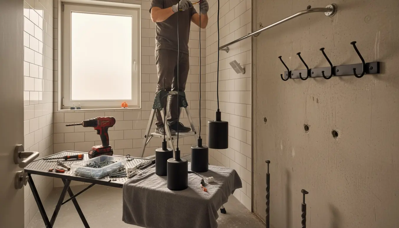 Hænder monterer lamper, brusebøjle og knagerække i et badeværelse.