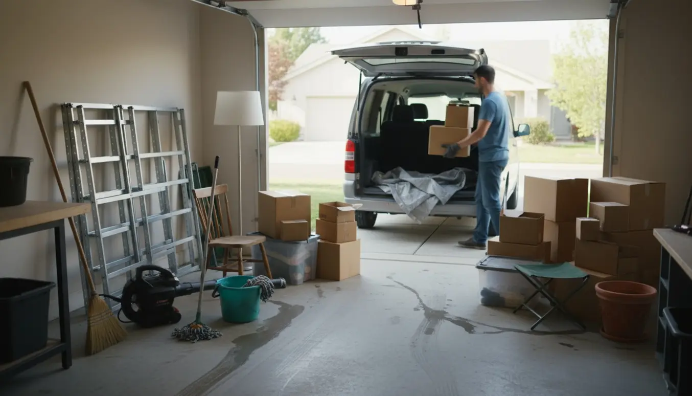 Halvåben garage i sollys med kost, løvblæser og stablede genbrugsgenstande ved indkørslen klar til afhentning.
