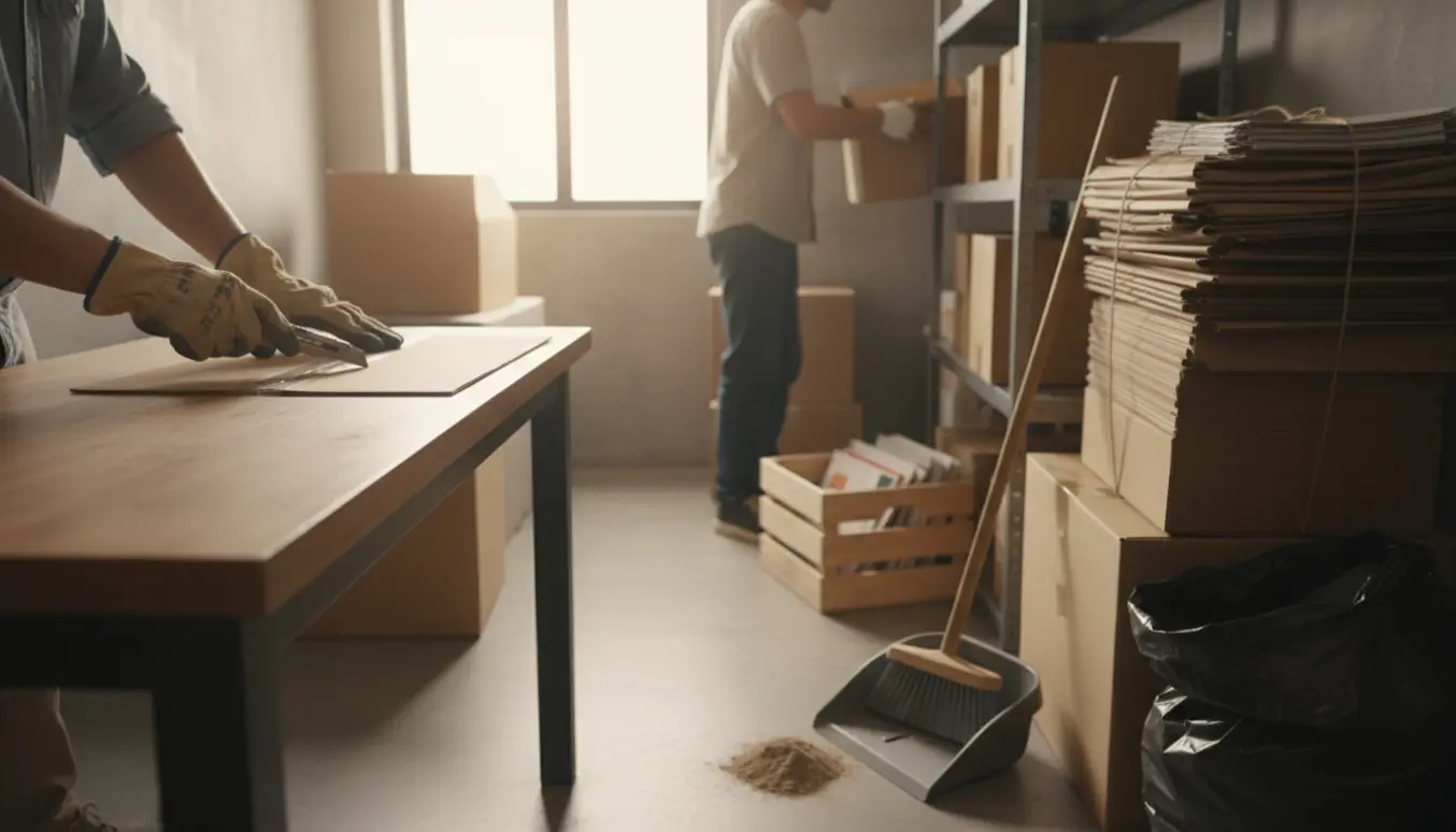 Hænder klapper papkasser flade og stabler dem til genbrug ved siden af en kost og fejeblad.