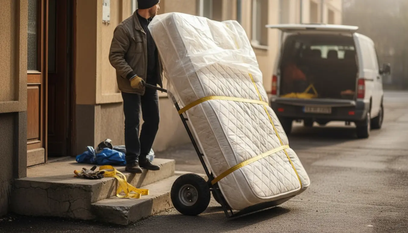 Set bagfra trækker en person en stor madras ud af en lejlighed med flyttestropper og en tralle.