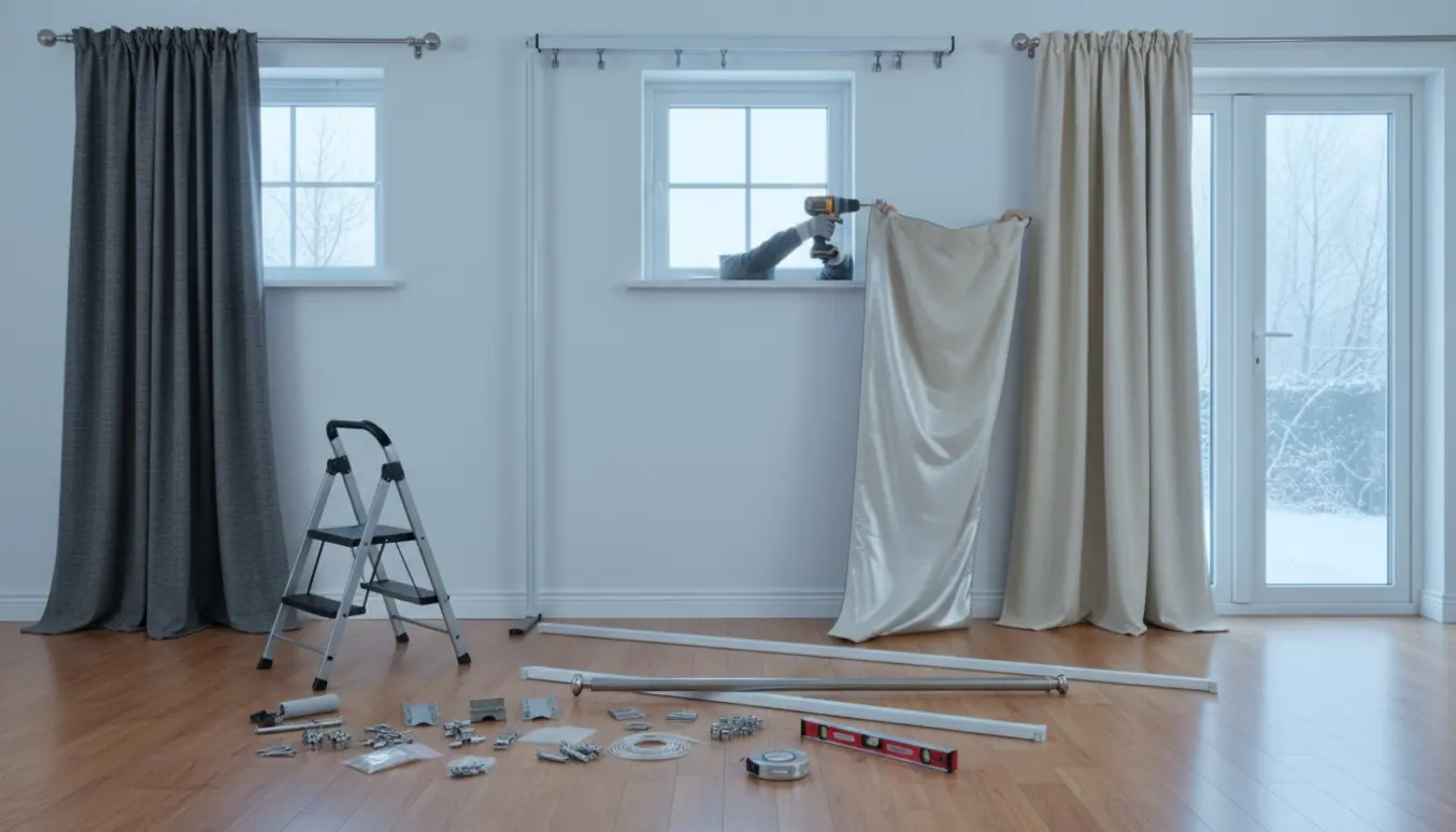 To hænder monterer tykke, termiske gardiner ved tre små vinduer og en dør i en kølig stue.