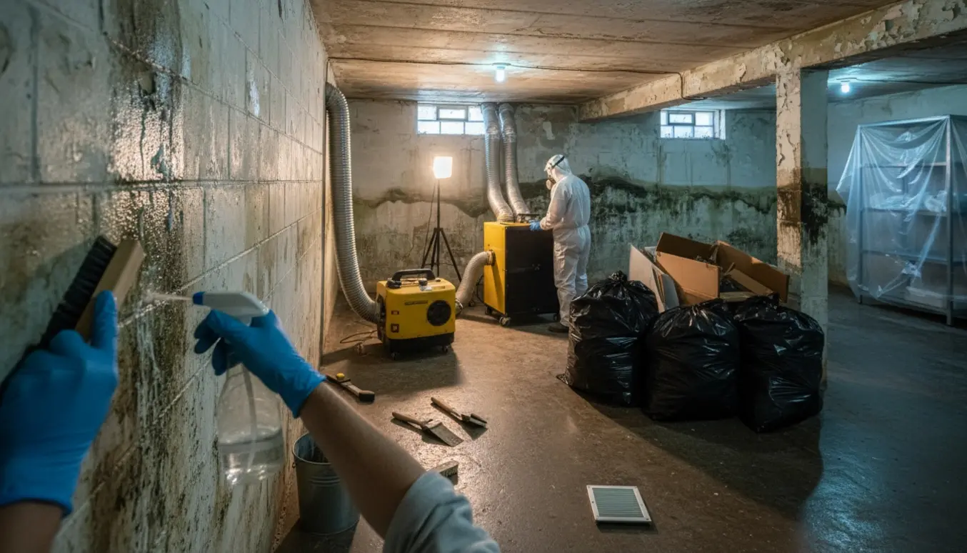 Kælder med vandskade og skimmelsvamp, hvor en handskeklædt hånd skrubber en væg og affugter og aftræk er i gang.