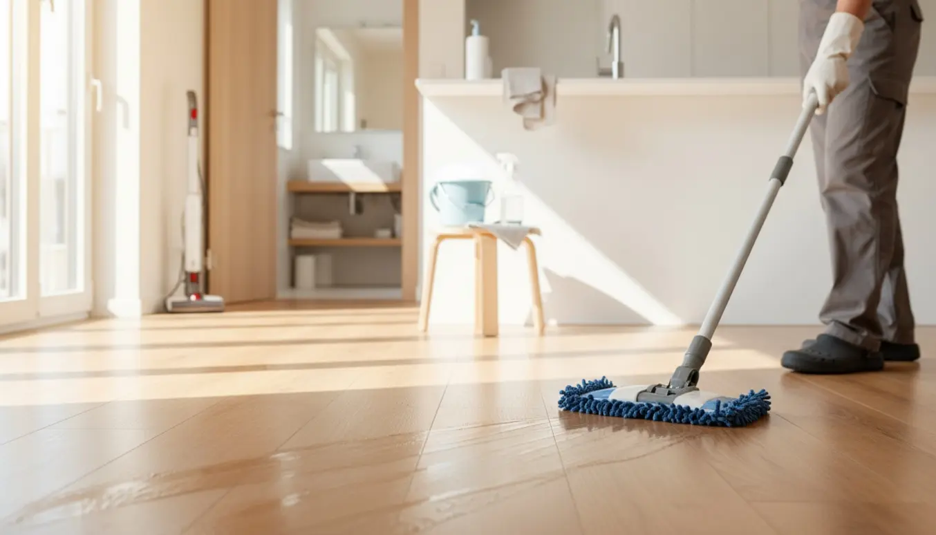 En person mopper gulvet i et lyst, ryddeligt hjem med støvsuger og rengøringsudstyr i baggrunden.