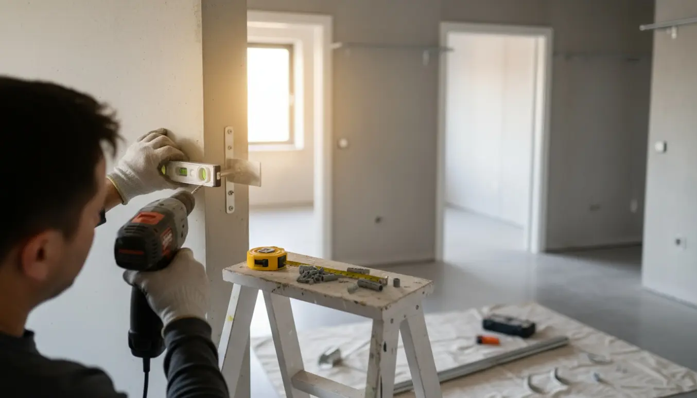 Håndværkers hænder monterer beslag til gardinstang i en betonvæg med boremaskine og værktøj.