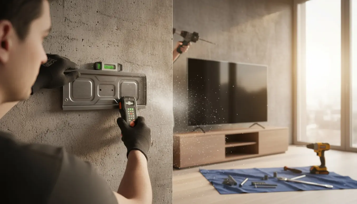 Tekniker borer i beton og monterer et drejeligt vægbeslag for at hænge et 50-tommer TV med værktøj og vægscanner i billedet.