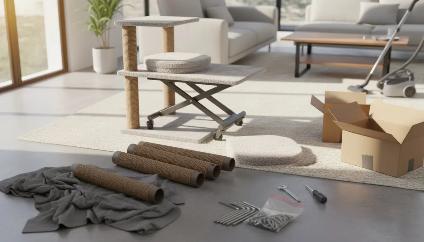 Et lyst billede af et stort kattetræ, der demonteres i en stue med værktøj og et lille løftebord.