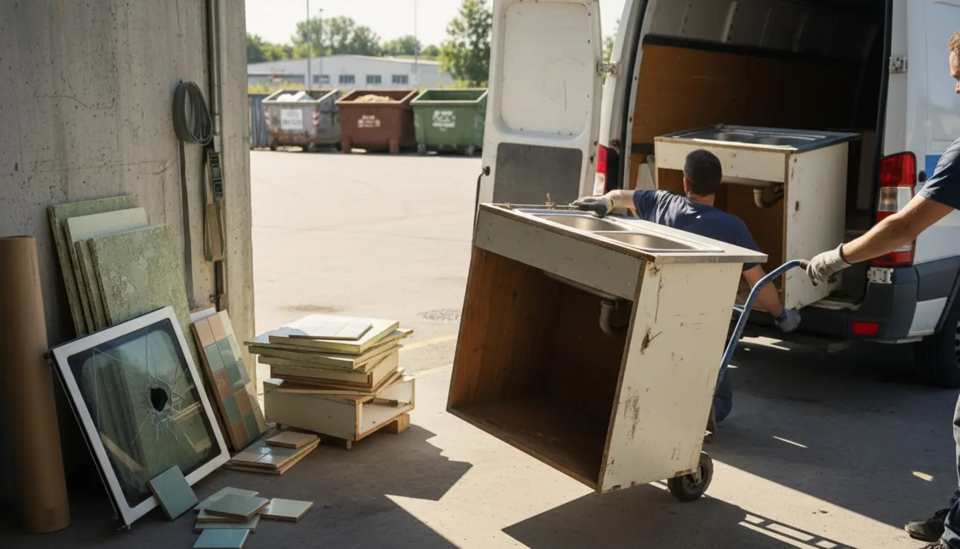 Varevogn lastes med afmonteret køkken ved en genbrugsplads.