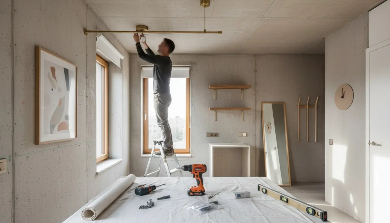 Installatør på stige borer i betonloft for at montere lampe, med værktøj, rullegardin og billeder i baggrunden.