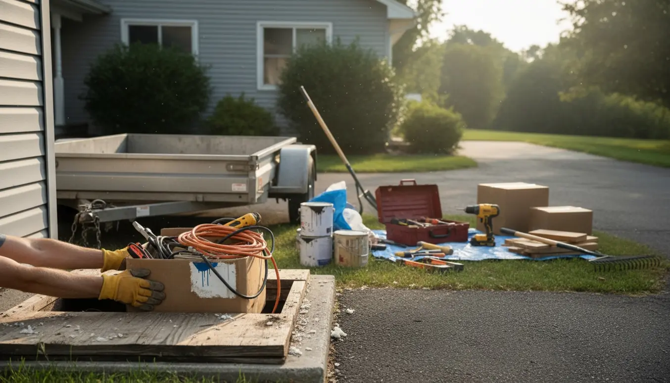 Åben krybekælder med handskerede hænder der trækker kasser, værktøj og malerbøtter ud mod en trailer.