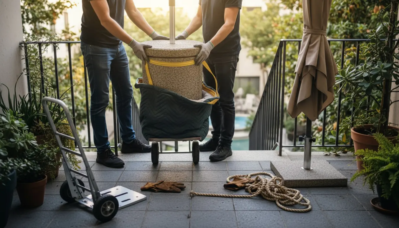 Tunge parasolfod løftes fra en altan med dolly og stropper, mens parasollen står klar.