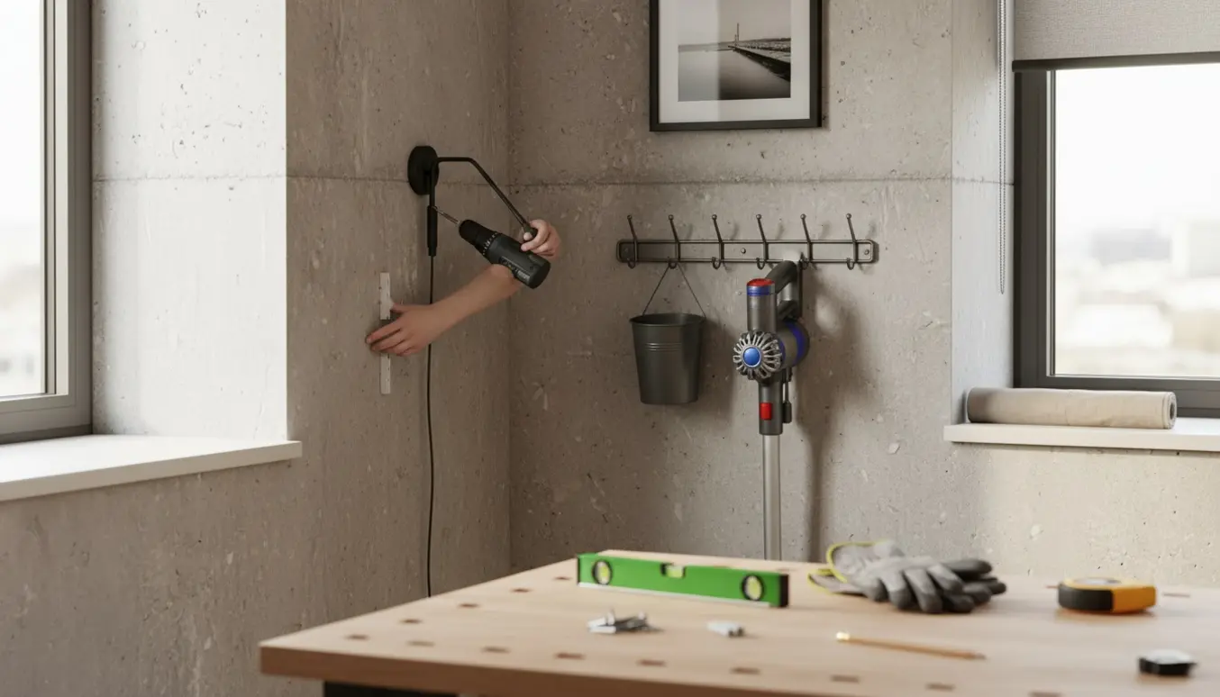 Hænder monterer en lampe på en rå betonvæg med hængt skraldespand, støvsuger og et rullegardin i baggrunden.