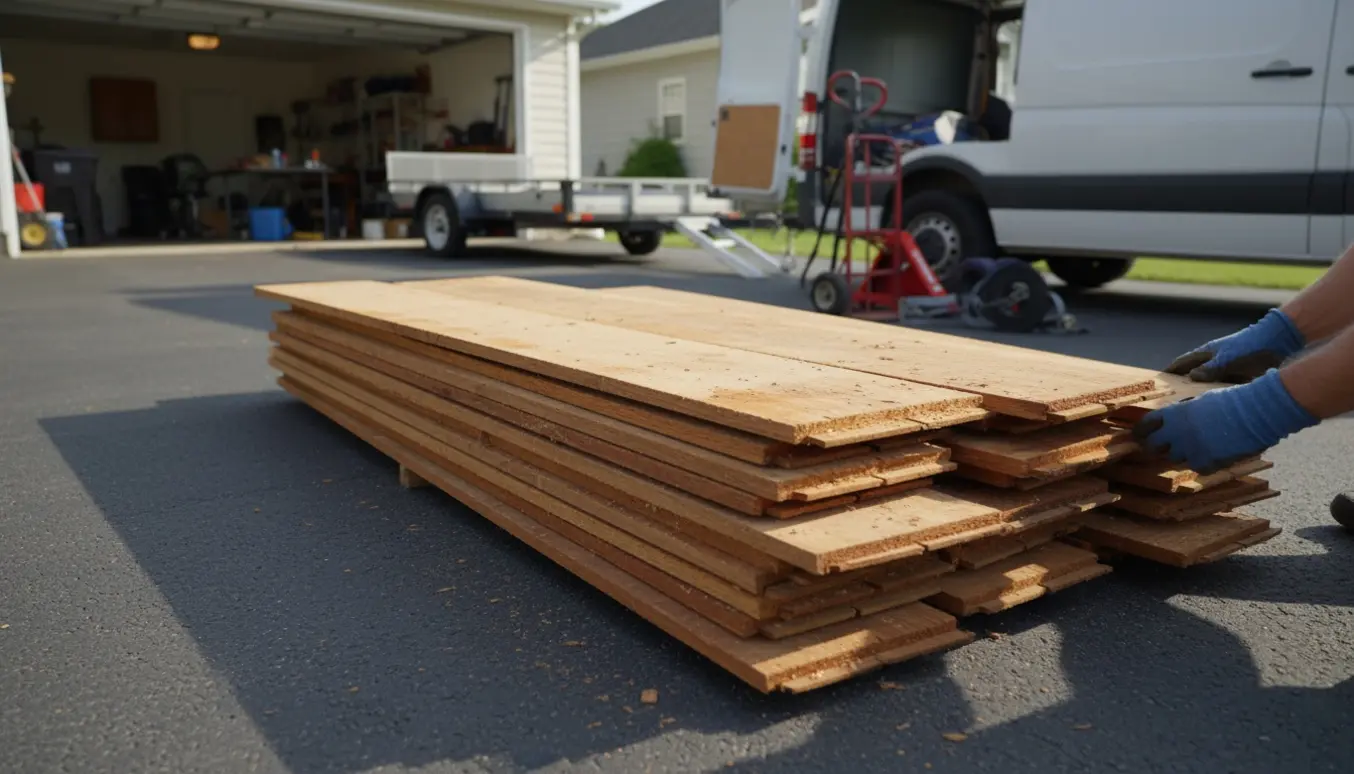 Stak af gamle gulvbrædder klar til afhentning på indkørslen ved en åben garage.