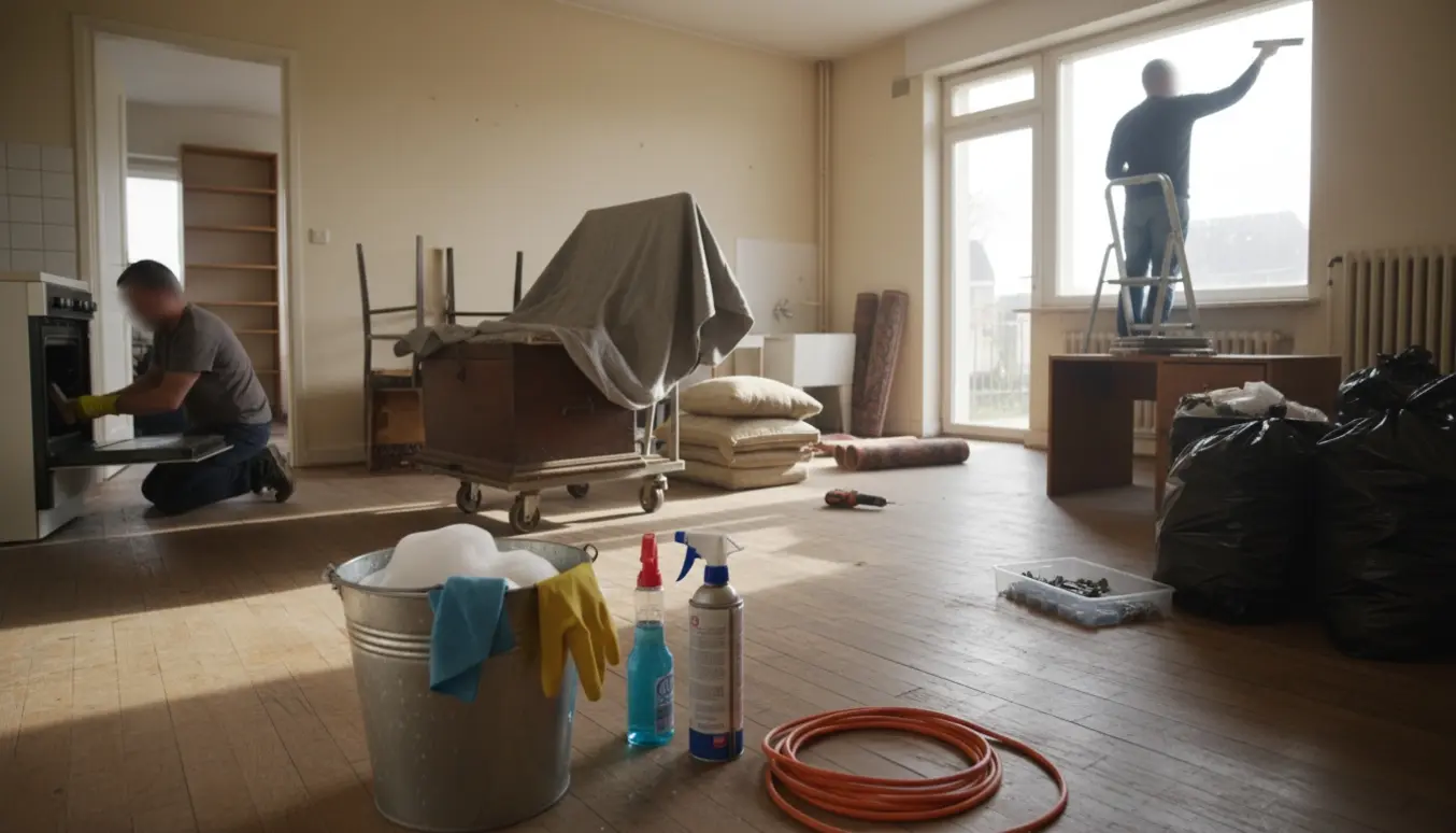 Rengøringsfolk fjerner møbler og udfører grundig totalrengøring og vinduespudsning i et umøbleret rækkehus.