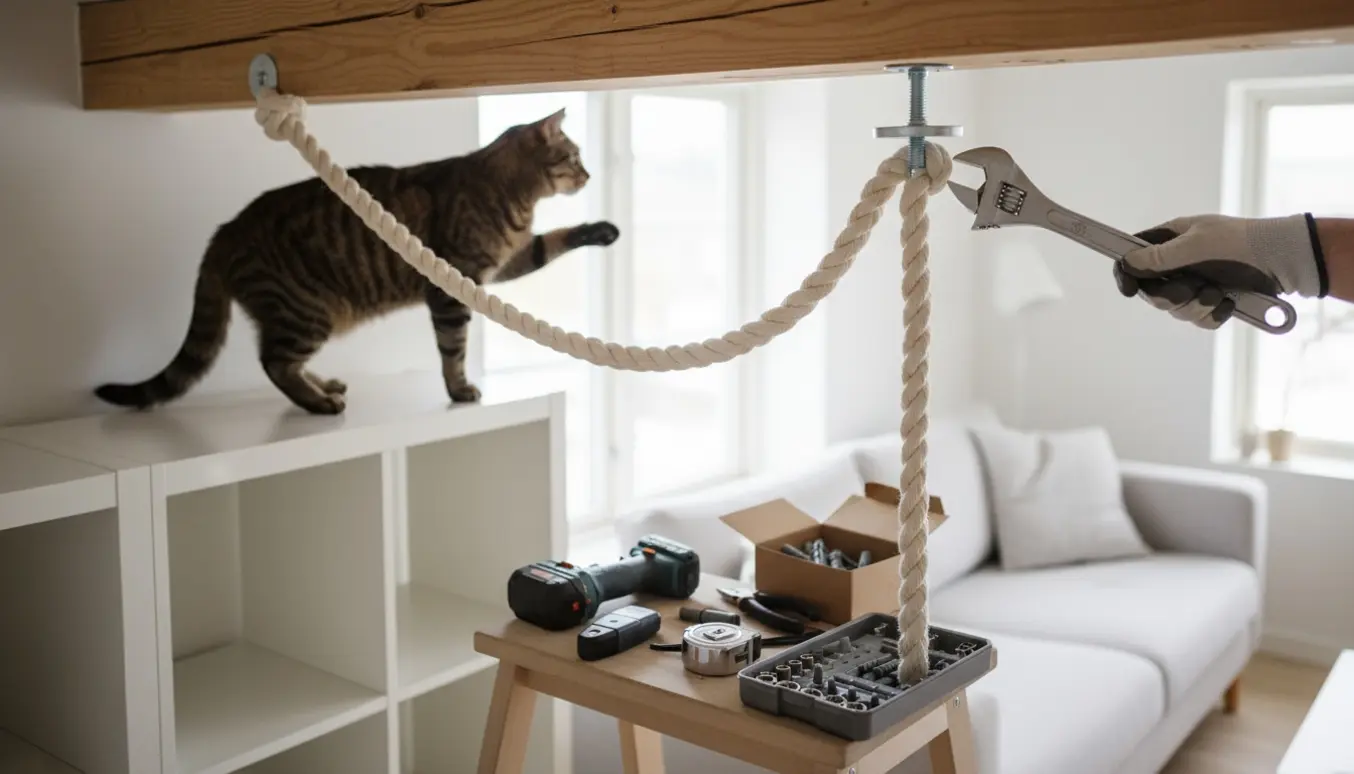 Et robust reb er sikkert fastgjort i en loftsbjælke med værktøj og en kat, der leger nedenfor.