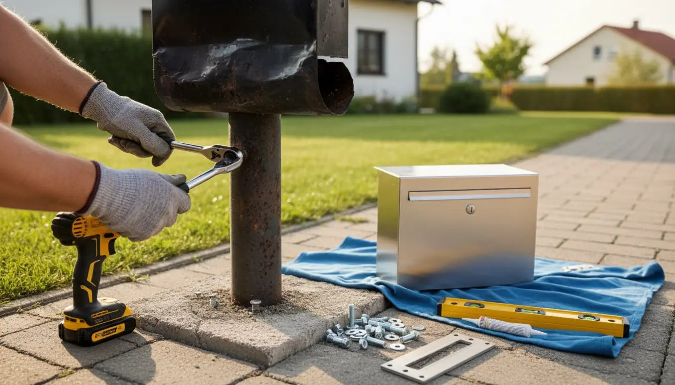 Håndværker uden synligt ansigt afmonterer en beskadiget postkasse fra en cementeret stander ved indkørslen.