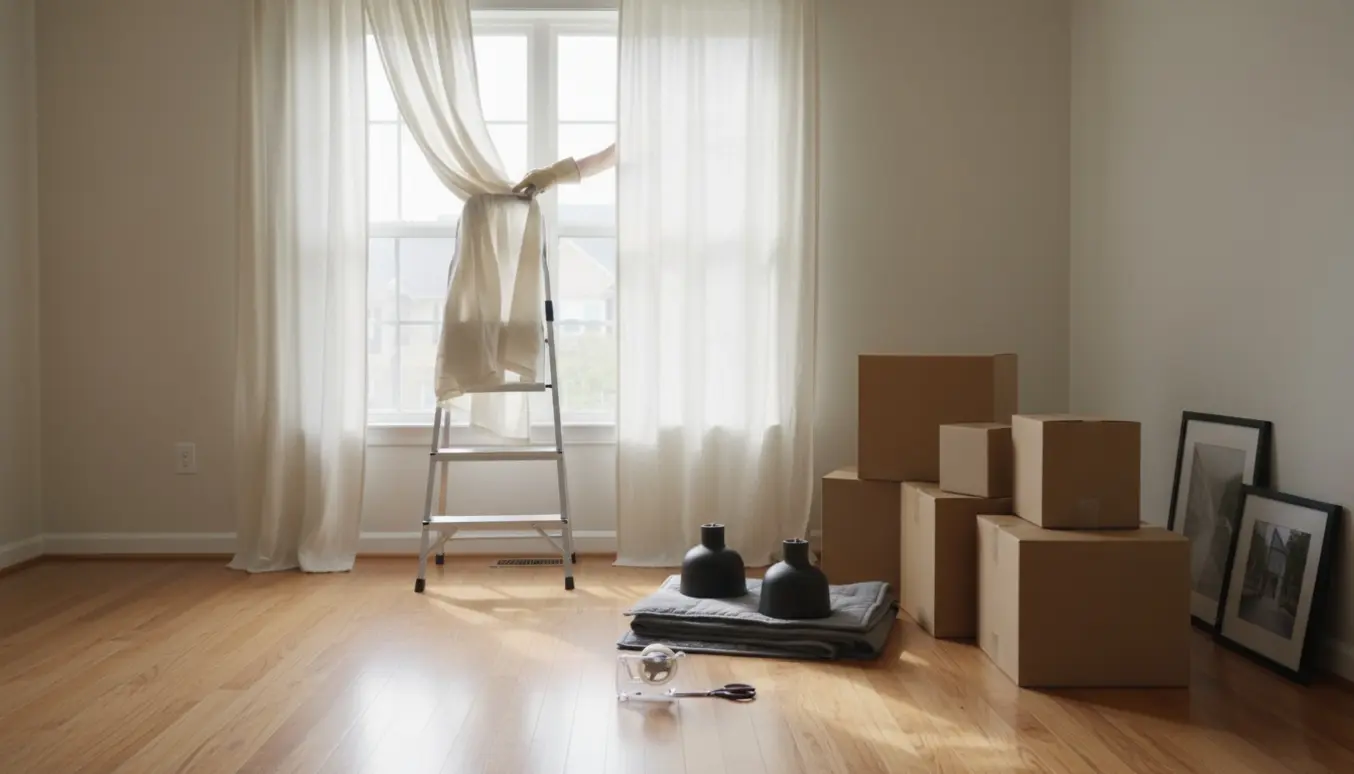 Næsten tom rækkehusstue med få flyttekasser, delvist nedtagne stofgardiner og to lamper lagt til side.