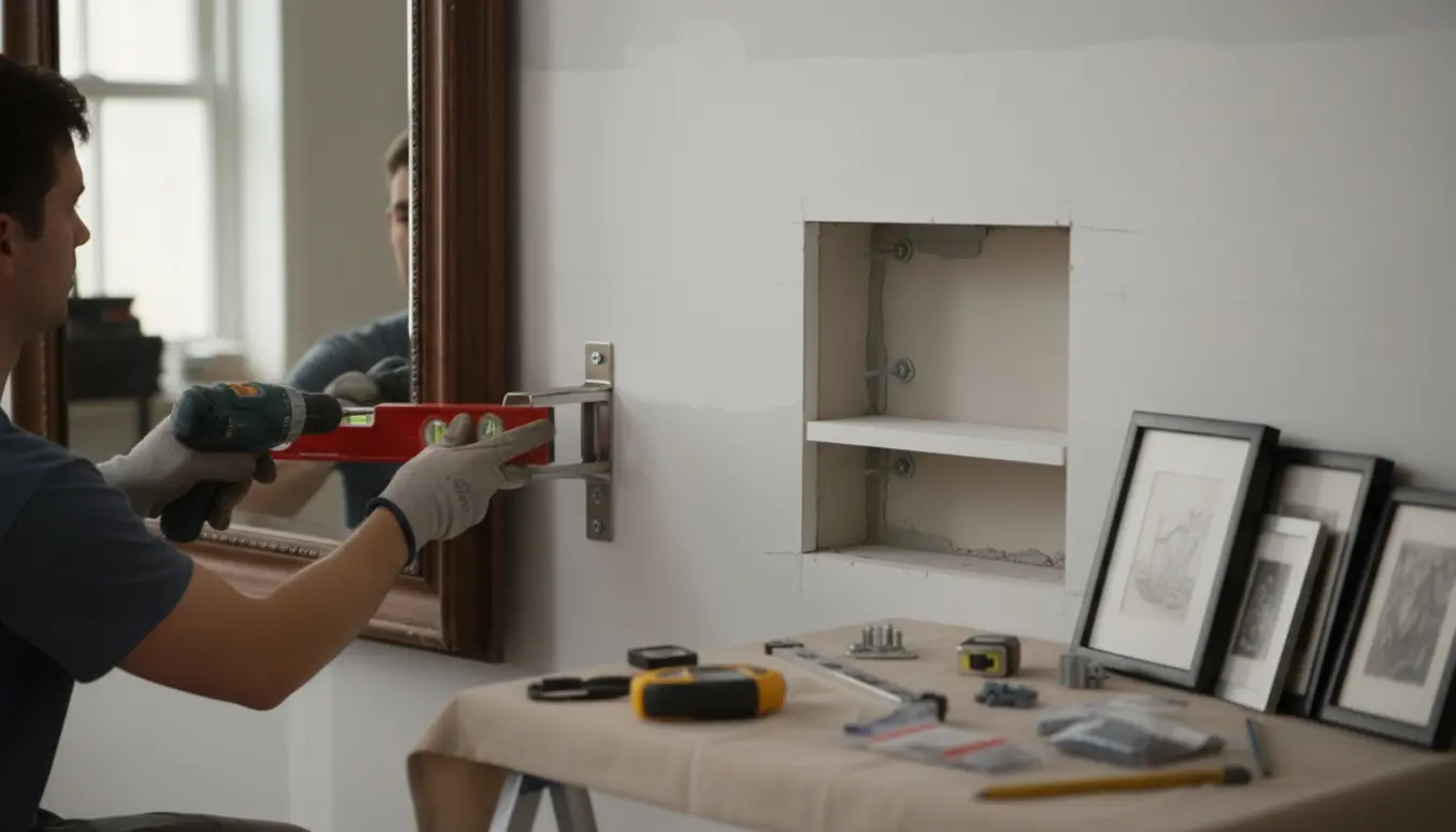 Nærbillede af hænder, der monterer et tungt spejl og hylde på en gipsvæg med værktøj og rammer klar til ophæng.