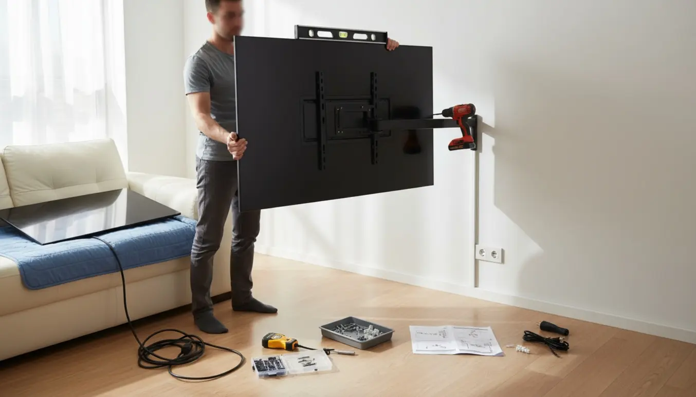 To personer monterer et nyt fladskærms-tv på en væg i en lys, moderne stue, mens det gamle tv står på gulvet.