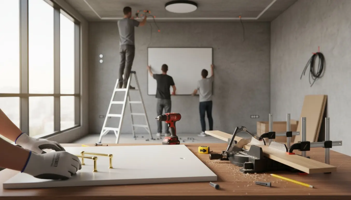 Håndværker monterer loftlampe og ophænger whiteboard i mødelokale, mens greb sættes på skabslåge og en liste saves.