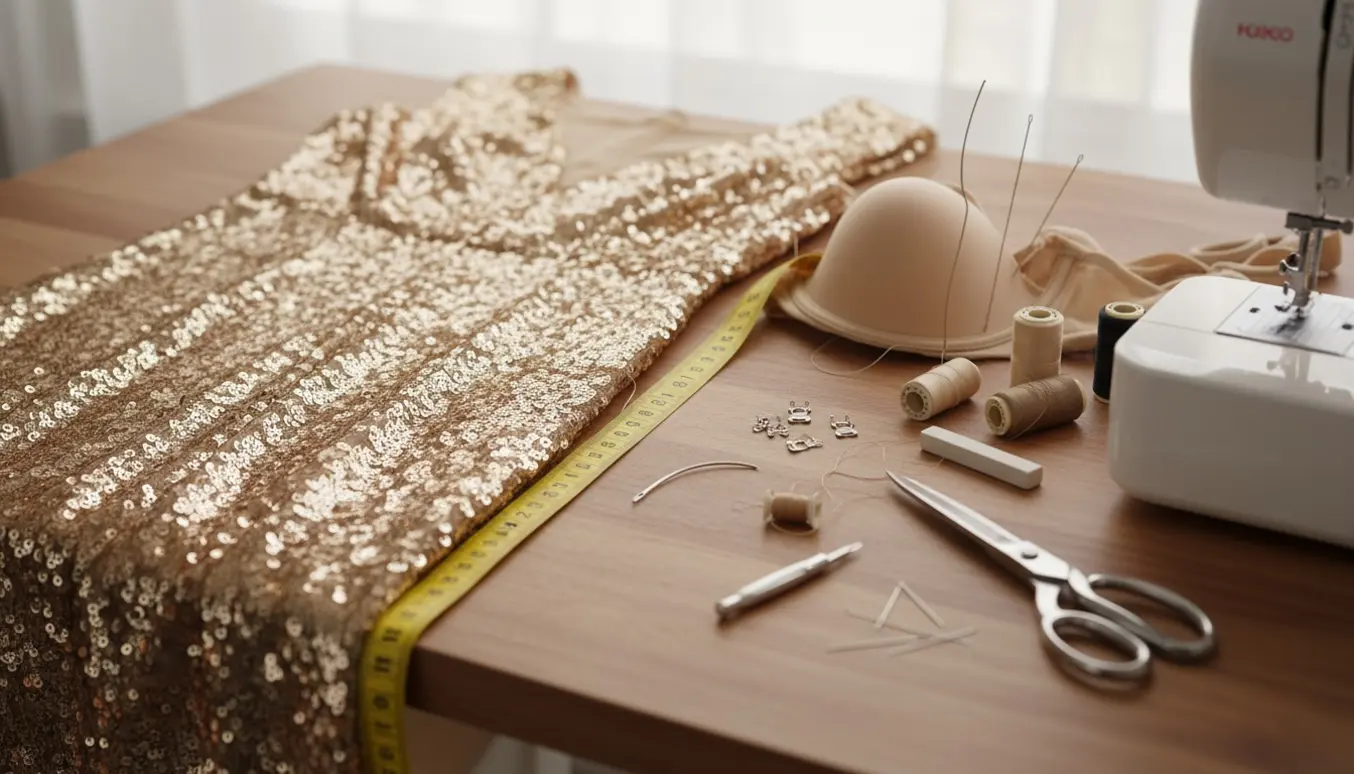 Glimmerkjole fastgjort og målt til at blive lagt 6–7 cm op, ved siden af en BH og reparationsværktøj på et lyst sybord.