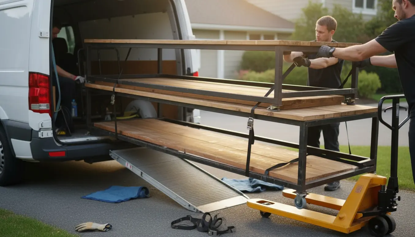 Fire lange rulleborde læsses på en varevogns rampe, mens hænder spænder stropper fast.