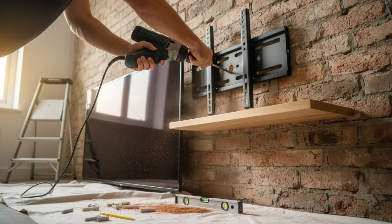 Hænder monterer fladskærm og flydende reol på murstensvæg med rawlplugs og slagbor.